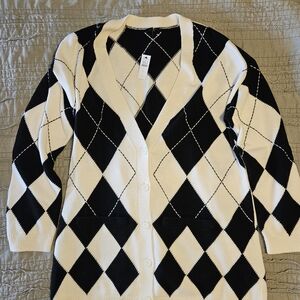 Talbots Black and White Argyle Cardigan Sweater